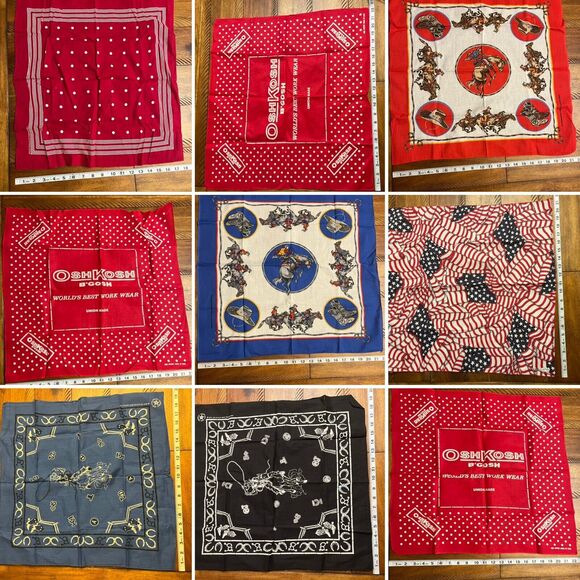 9 Vintage (70s 80s?) Bandannas/Handkerchiefs, Cowboy WESTERN, Oshkosh etc- USA - Picture 1 of 16